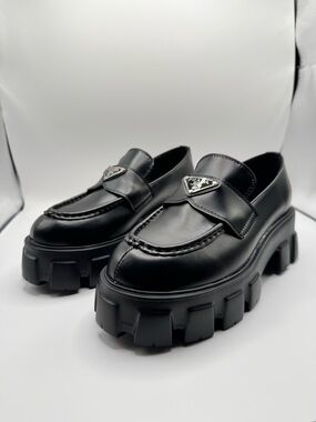 Prada Black Monolith Women Leather Loafers Featuring Triangle Logo Size 39/8